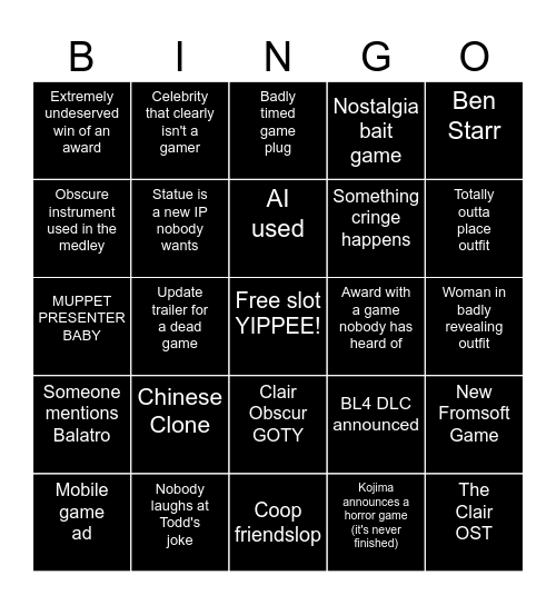 The TGA BINGO BABY Bingo Card