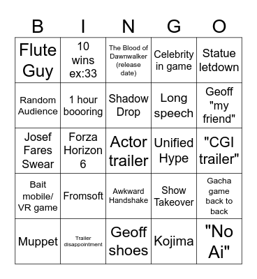 Game Awards 2025 bingo Card