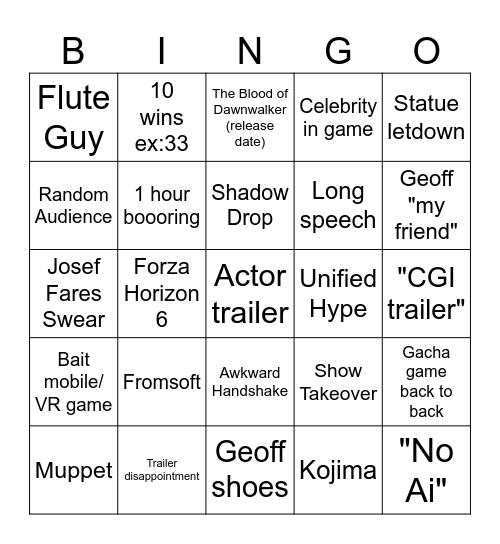 Game Awards 2025 bingo Card