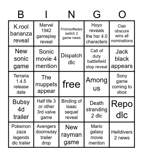 Game awards 2025 reveals bingo Card