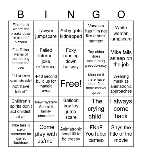FNaF 2 Bingo Card