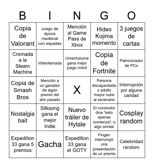 Game Awards 2025 Bingo Card
