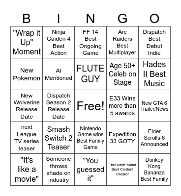 Game Awards 2025 Bingo Card