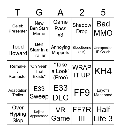 TGA 2025 Bingo Card