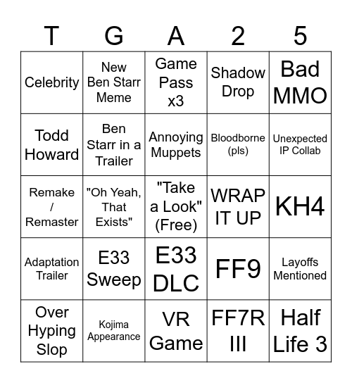 TGA 2025 Bingo Card