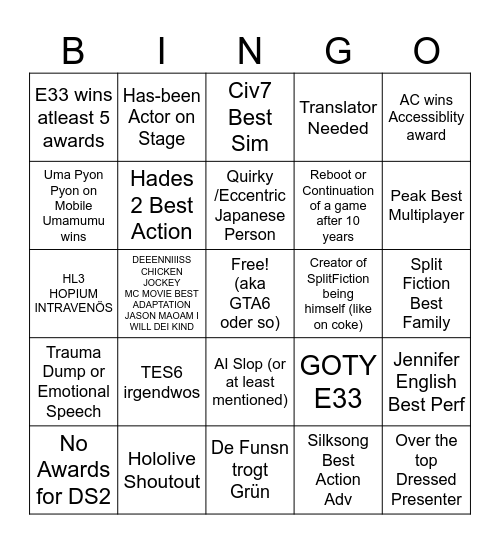 TGA2025 Bingo Card