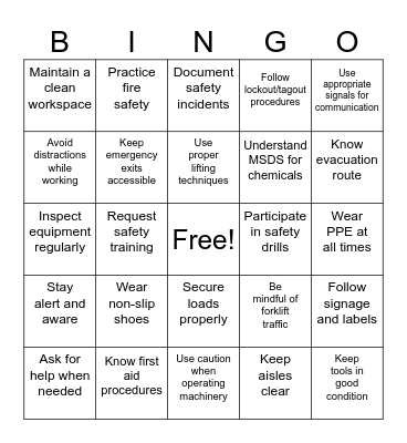 SAFETY IN OUR WAREHOUSE Bingo Card