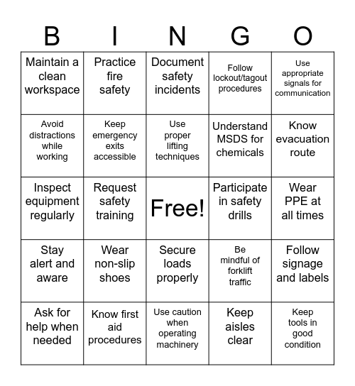 SAFETY IN OUR WAREHOUSE Bingo Card