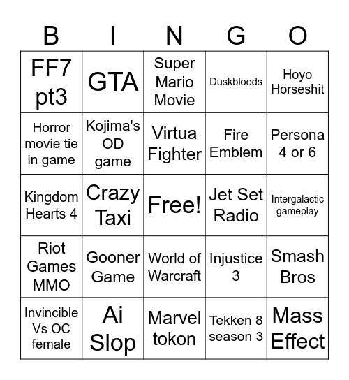 Game Awards 2025 Bingo Card