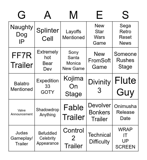 Game Awards Bingo Card