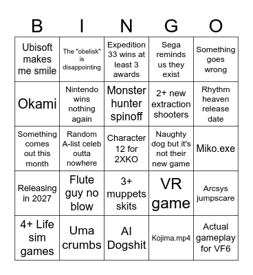 Game Awards 2025 Bingo Card