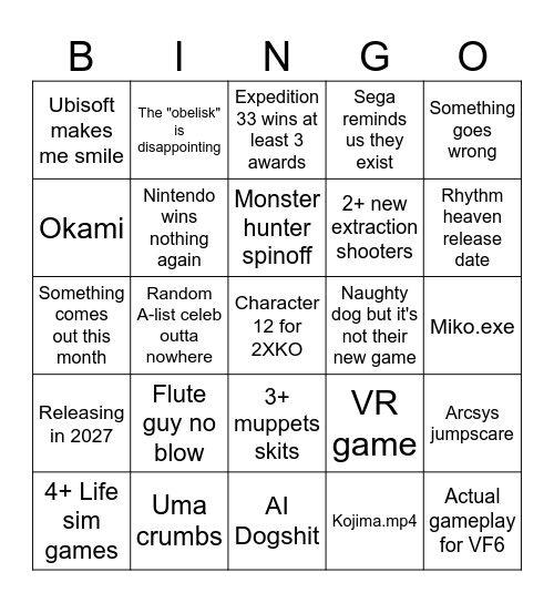 Game Awards 2025 Bingo Card