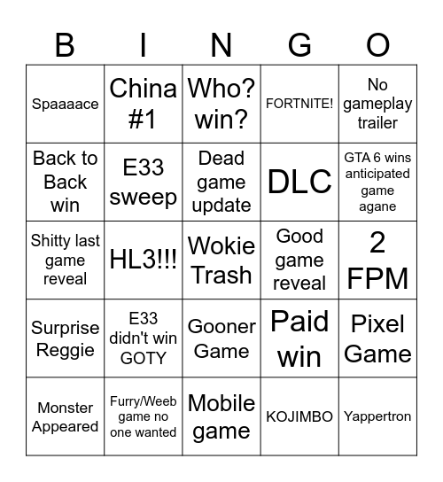 E33 Awards Bingo Card
