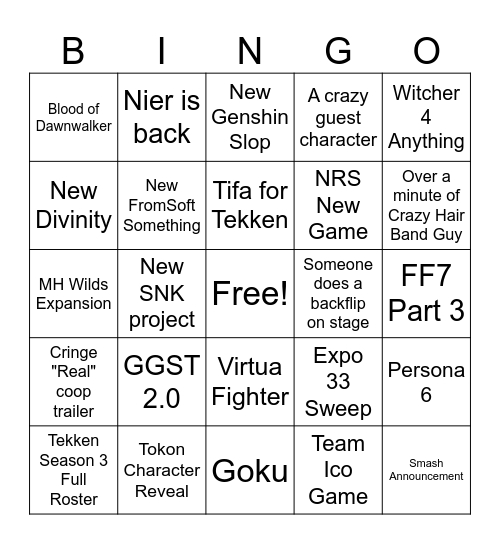 Game Awards 2025 Bingo Card