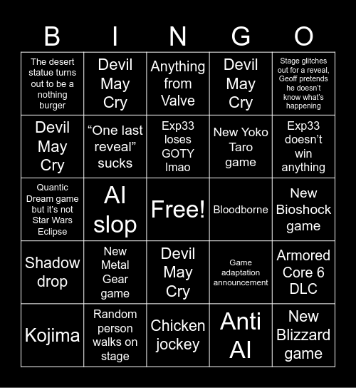 The Game Awards 2025 Bingo Card