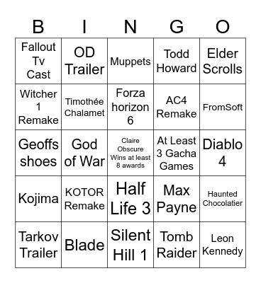 The Game Awards Bingo Card