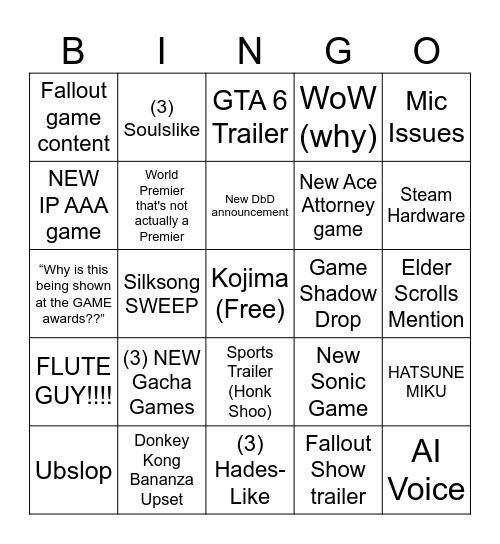 Game awards Bingo Card