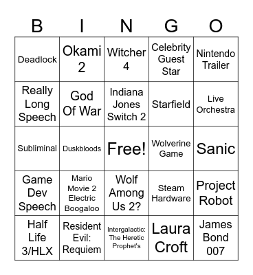 The Game Awards Bingo Card