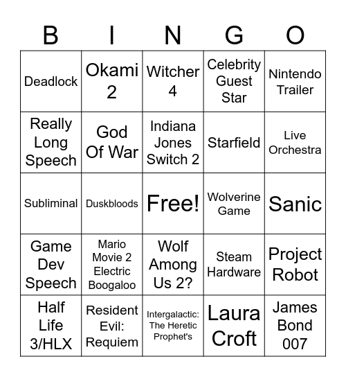 The Game Awards Bingo Card