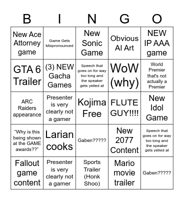 Game Awards 2025 SC Bingo Card