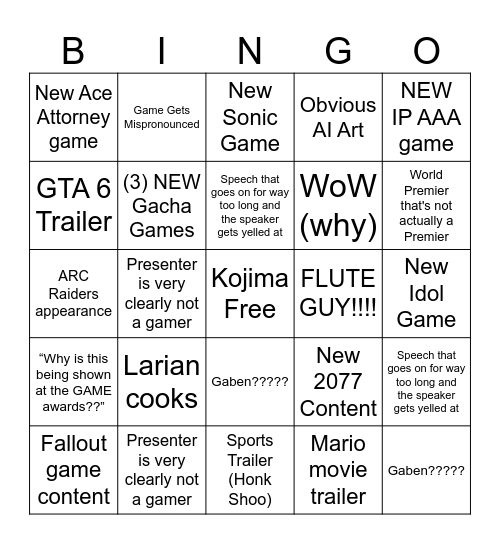 Game Awards 2025 SC Bingo Card