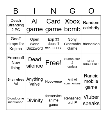 Game Awards Bingo Card