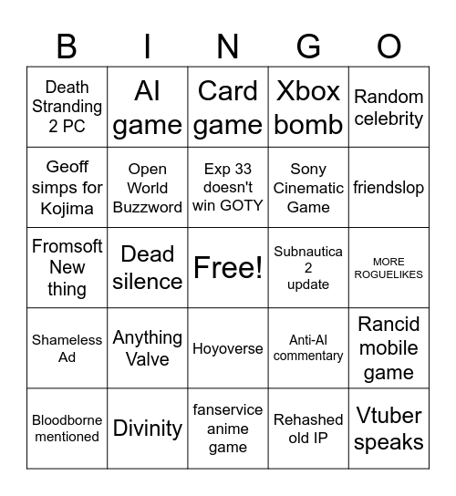 Game Awards Bingo Card