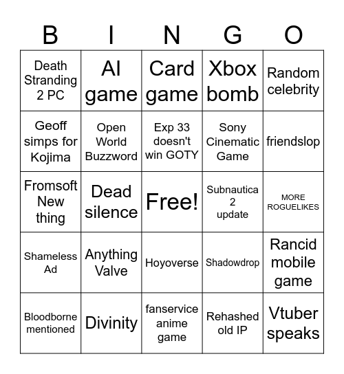 Game Awards Bingo Card