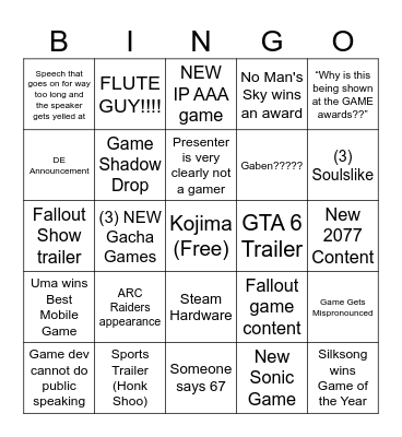 Game Awards 2025 SC Bingo Card