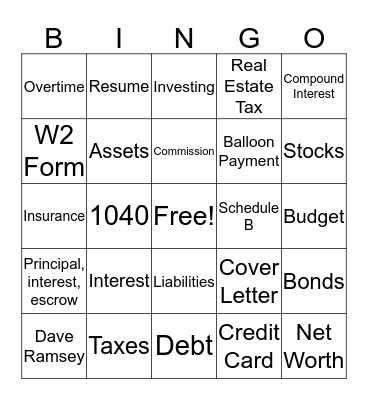 Personal Finance Bingo Card