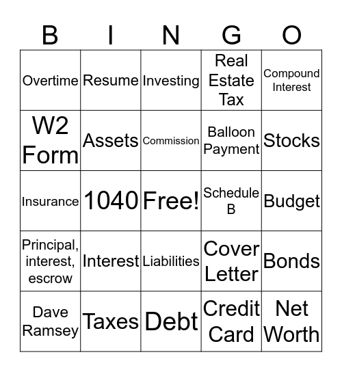 Personal Finance Bingo Card