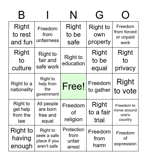 Universal Declaration of Human Rights (UDHR) Bingo Card