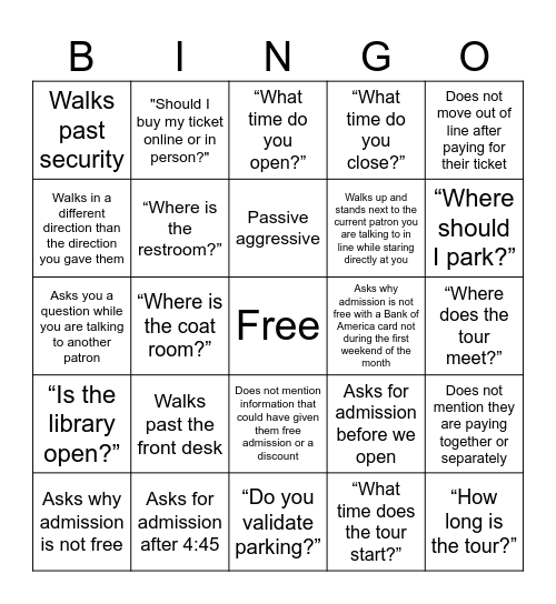Front Desk Bingo Card