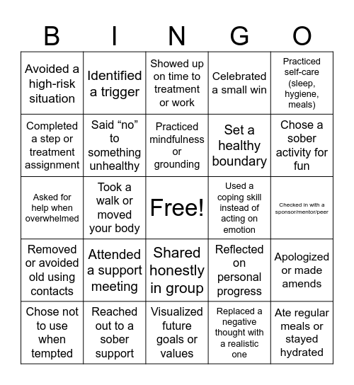 Recovery Bingo Card