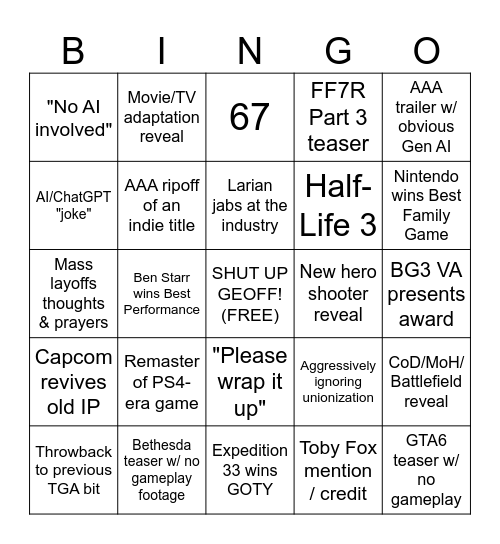 The Game Awards 2025 - Reku Bingo Card