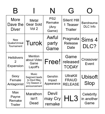 Game Awards 2025 Bingo Card