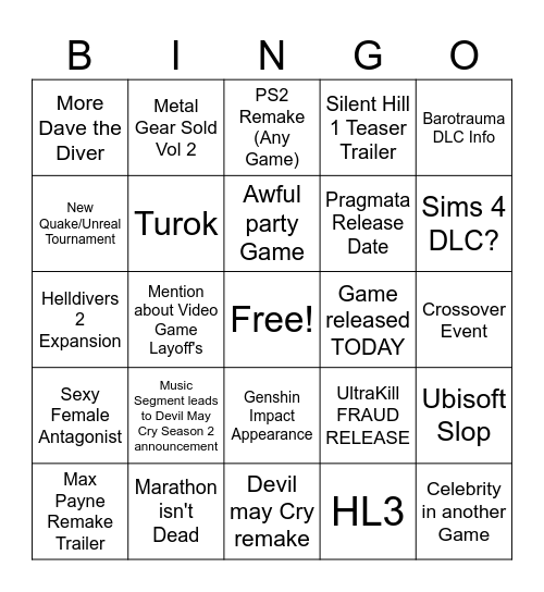 Game Awards 2025 Bingo Card