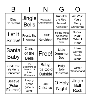 Christmas Song Bingo Card