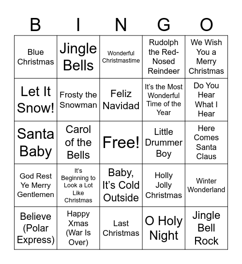 Christmas Song Bingo Card