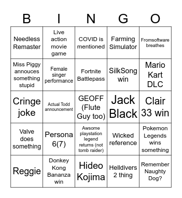 Game Awards Bingo Card