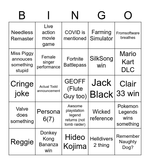 Game Awards Bingo Card