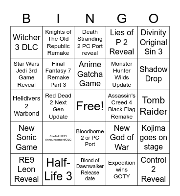 Game of The Year Awards 2025 Bingo Card
