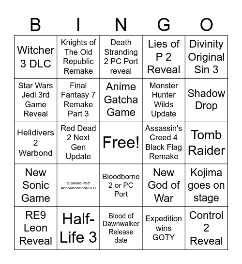 Game of The Year Awards 2025 Bingo Card