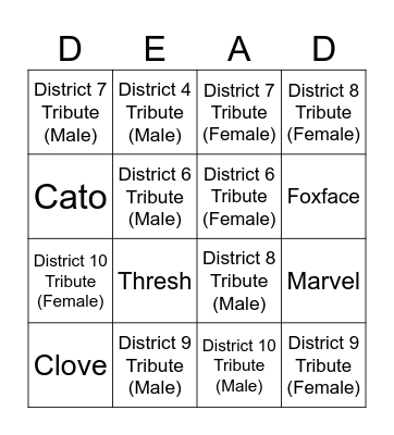 Hunger Games Deaths Bingo Card