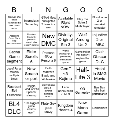 Game Awards 2025 Bingo Card