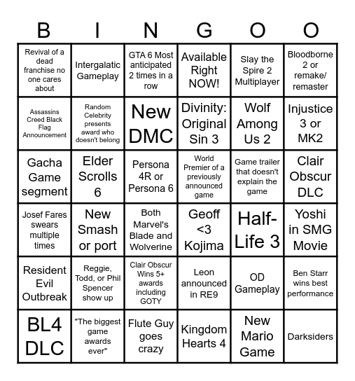 Game Awards 2025 Bingo Card