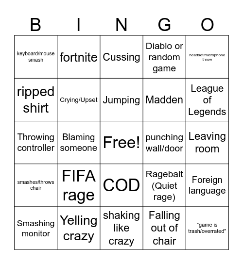 Gamer Rage Bingo Card