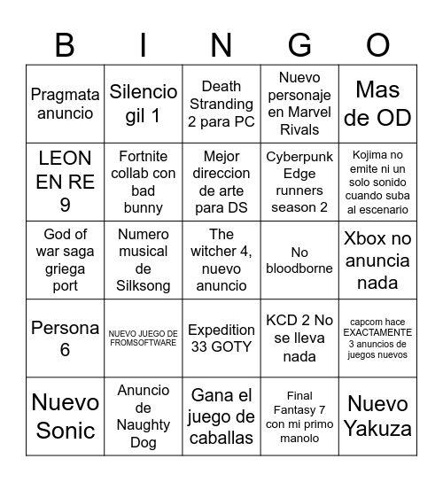 game awards ( ╥ω╥ ) Bingo Card