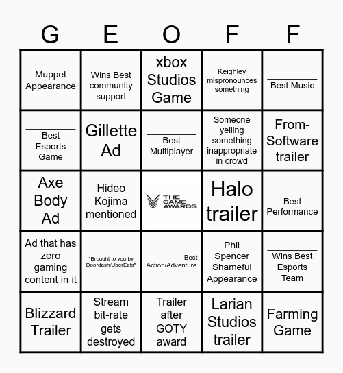 Game Awards 2025 Bingo Card