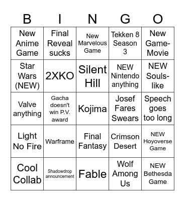 Game Awards 2025 Bingo Card